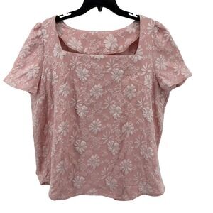 Danity Croquet 3XL Pink Floral Embossed Short Sleeve Square Neck Blouse‎ Top